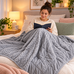 Woman relaxing with a grey weighted sensory throw blanket while reading in a warm bedroom setting.