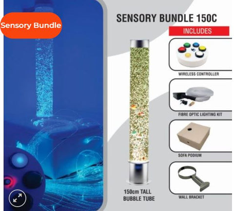 Sensory Bundle temporarily out of stock - pre-order for late June , 2024150C -Bubble Tube 150cm tall with Interactive Wireless Switchbox, Fibre Optic and Sofa Podium, with Wall Bracket.