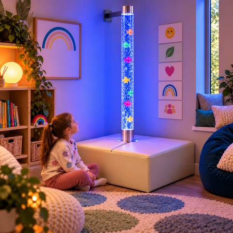 Image of a child seated next to a bubble tube that is placed on a podium.