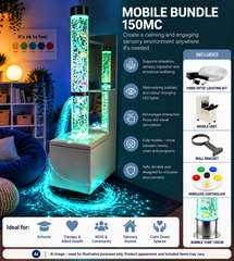 Image of a mobile podium featuring a bubble tube and fiber optic lights in a calm setting.
