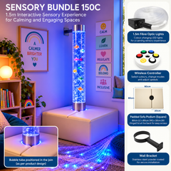 Image of a bubble tube set in a podium, featuring fiber optic lights, a wireless controller, and a wall bracket.