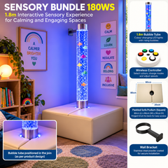 Bubble Tube Bundle includes a bubble tube, an interactive wireless controller, a podium with specifications, and a wall bracket.