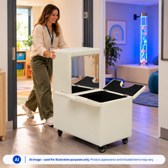 Image of an adult pushing a mobile unit designed to hold a bubble tube.