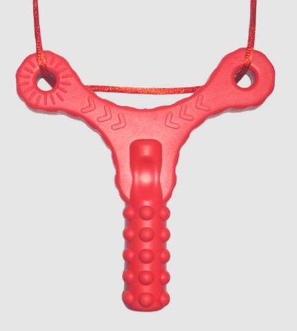 This is an image of a Red Sensory Chew Necklace in a Y Shape 