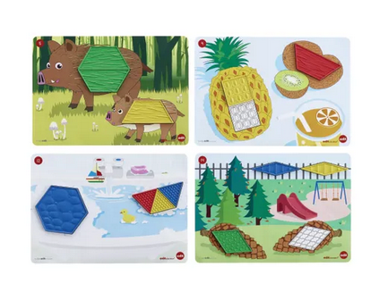 Four activity cards with various sensory pattern blocks attached to the images
