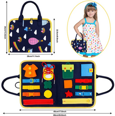 Dimensions of the Sensory Practical Ability Busy Book with inset of a little girl holding the closed book as a hand bag.