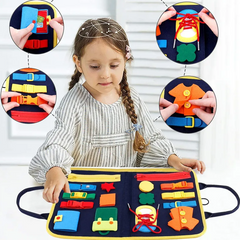 Girl examining the Sensory Practical Ability Busy Book with insets of some of the hook and loop items close up.