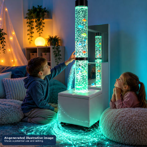 children sitting around a bubble tube in a mobile unit with fibre optic lights