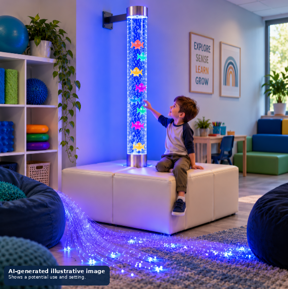 Child sitting on a vinyl podium touching a bubble tube.