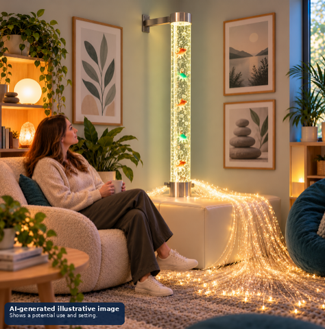 An adult sitting on a chair with a bubble tube and fiber optic lights in a calming setting.