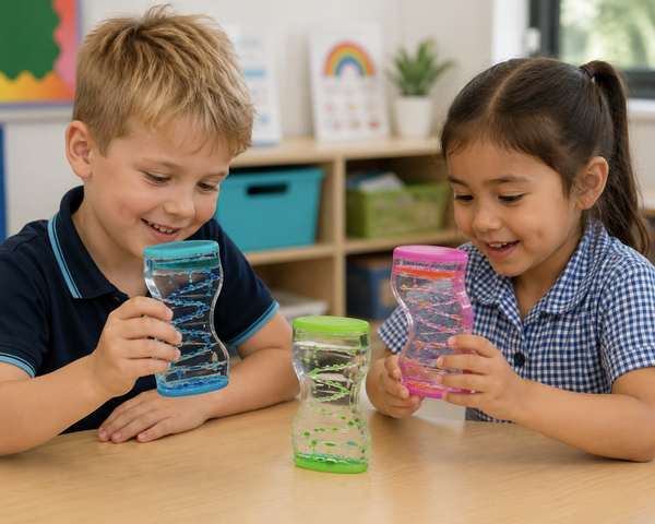 Children exploring colourful liquid sensory timers in a classroom.