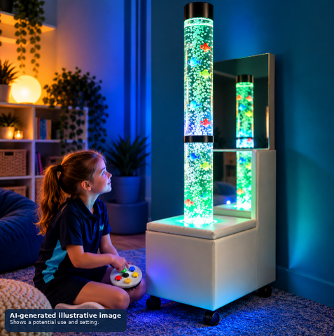 A child sits next to a mobile podium and bubble tube, holding a wireless controller.