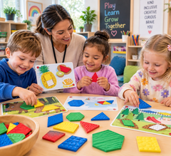 Children exploring Sensory Pattern Blocks with a teacher in a vibrant preschool classroom.
