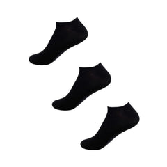 Three black ankle socks on a white background