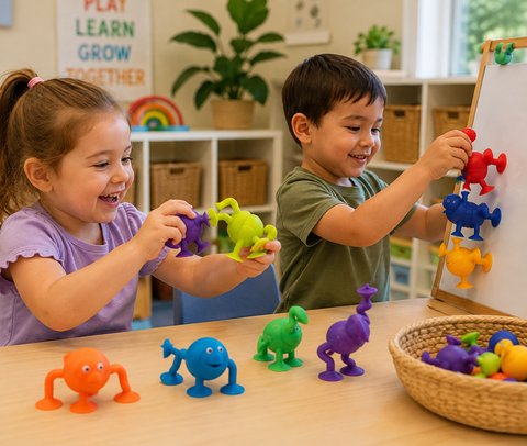 Children playing with colourful Sensory Sprouts Suction Monsters in a preschool classroom.