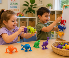 Children playing with colourful Sensory Sprouts Suction Monsters in a preschool classroom.