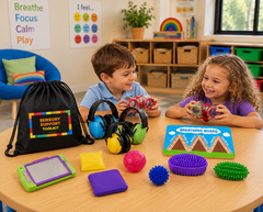 Black Sensory Support Toolkit with products on a table
