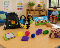 A colorful sensory support toy set arranged on a light wood table in a children's classroom. The set includes a black drawstring bag labeled 'SENSORY SUPPORT TOY SET,' blue and green over-ear headphones, a breathing board, textured balls, foam mats, and sensory bars.