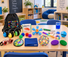 Sensory support tools and fidget products displayed on a table in a school classroom.