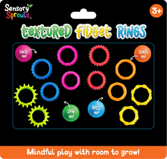 Packaging of Sensory Sprouts textured fidget rings with colorful text and branding.