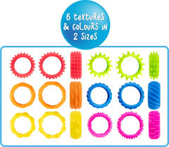 Set of colorful textured rings with text indicating 6 textures and colors in 2 sizes.