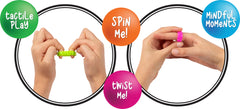 Hands interacting with a textured silicone rings, labeled 'tactile play', 'spin me', 'twist me', and 'mindful moments'.