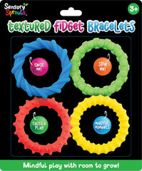 Set of 4 textured fidget bracelets with colorful designs on a black background.