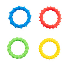 Four colorful silicone rings with different textures.