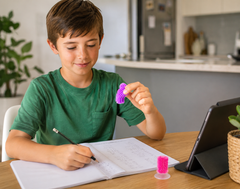 Child using a Silent Sensory Flick Stick while completing homework at the kitchen table.