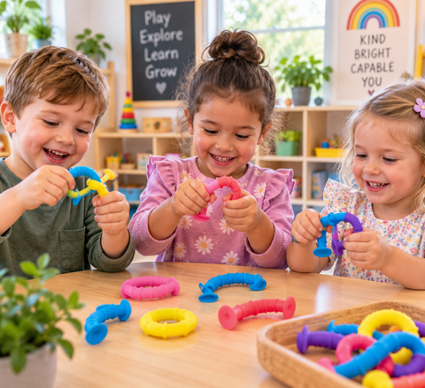 Children using colourful Silicone Fidget Rings for sensory play and fine motor development in a preschool classroom.