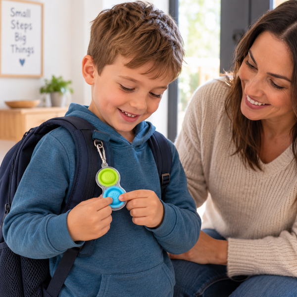 Mother with child using a Keychain Bubble Pop Fidget attached to his back pack for calming sensory support.