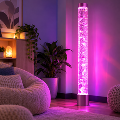 Tall bubble tube with pink lights in a calming area