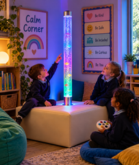 Three children sit around a bubble tube on a podium, using an interactive controller in a serene corner setting.