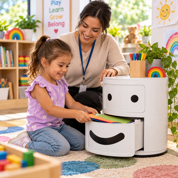 Smiling Storage Unit with child and teacher organising classroom supplies in a vibrant preschool learning space.