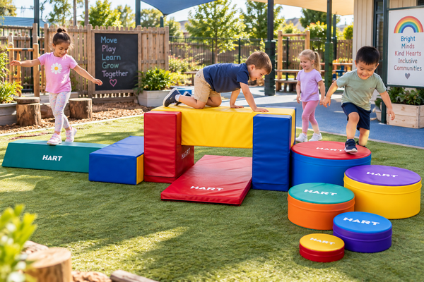 Children enjoying the Sensory Zone Balance Kit in a colourful preschool playground.
