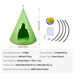This is an image of the Sorbus Kids Hanging Nest Hammock Chair. It is green with light green trim. This images shows the dimensions of the nest.