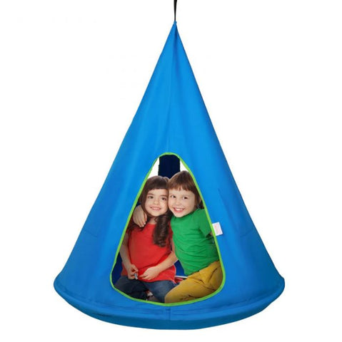 This is an image of the Sorbus Kids Hanging Nest Hammock Chair. It is blue with green trim.