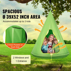 This is an image of the Sorbus Kids Hanging Nest Hammock Chair. It is green with green light trim. It shows a green hanging  nest with 3 children inside. It states that there are 2 windows and 1 entrance.