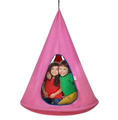 This is an image of the Sorbus Kids Hanging Nest Hammock Chair. It is pink with blue trim.