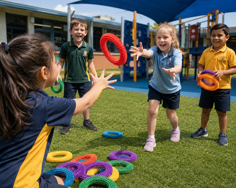 Children playing catch with colourful HART Spike Rings in an outdoor school playground.
