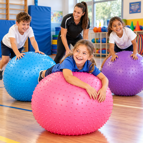 Children using colourful Spike Swiss Balls with a PE teacher in a school gym.