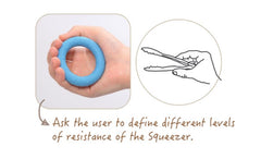 This is an image of  a hand holding a Blue Weplay Squeezers - Tactile ring. It is an image of a hand holding a set of tongs.