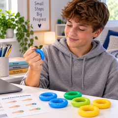 Tactile hand resistance rings supporting grip strength, fine motor skills and sensory hand therapy at home.