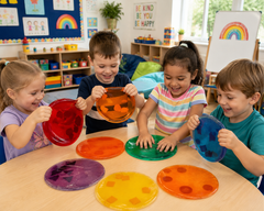 Children exploring colourful Giant Squidgy Sparkle Circles together in a school classroom.