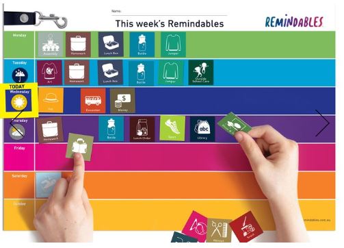 Static Planner for Kids with hands arranging tiles on the planner