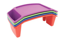 Four colourful, stacked student lap desks for use in a flexible classroom learning environment for independent and group activities.