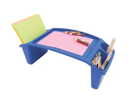Blue coloured stackable student lap desk with stationary used in a flexible classroom learning environment for independent and group activities.