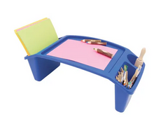 Blue coloured stackable student lap desk with stationary used in a flexible classroom learning environment for independent and group activities.