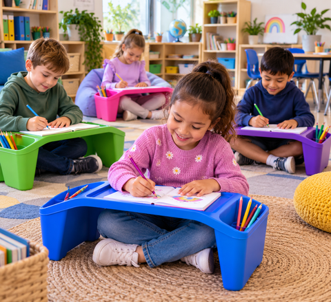 Children using colourful Student Lap Desks for flexible learning activities in a school classroom.