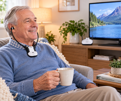Older adult using an Oricom Wireless TV Headset for comfortable amplified TV listening at home.